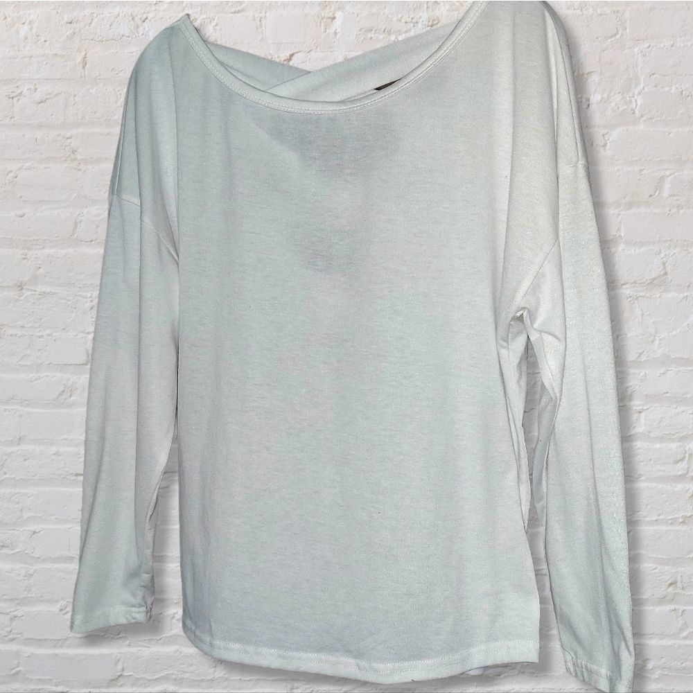Boutique Women's Top, Small, White, Deep V Ladder Back, Boatneck, ¾ Sleeve